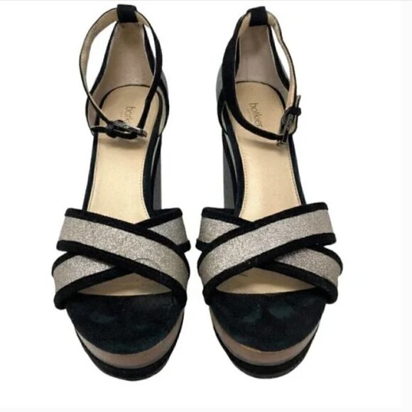 Botkier Paloma Glitter Silver & Black Suede Chunky Heel Sandals - Size 8 - Picture 5 of 10
